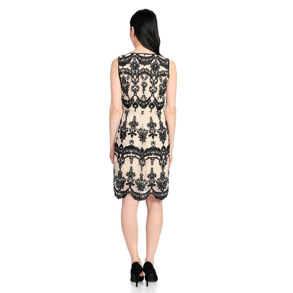 Black Nude Embroidered Mesh Dress w/ Scallop Hemline Knit Lining L to XL fit - Picture 2 of 4